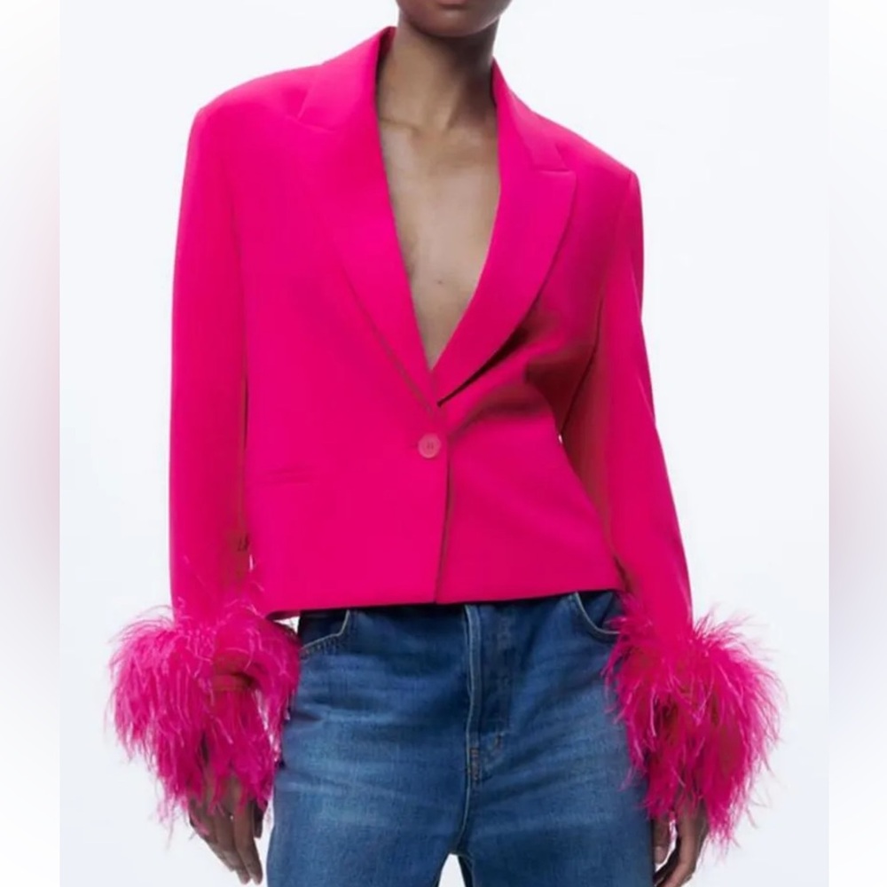 Zara Pink Feather Cropped Blazer